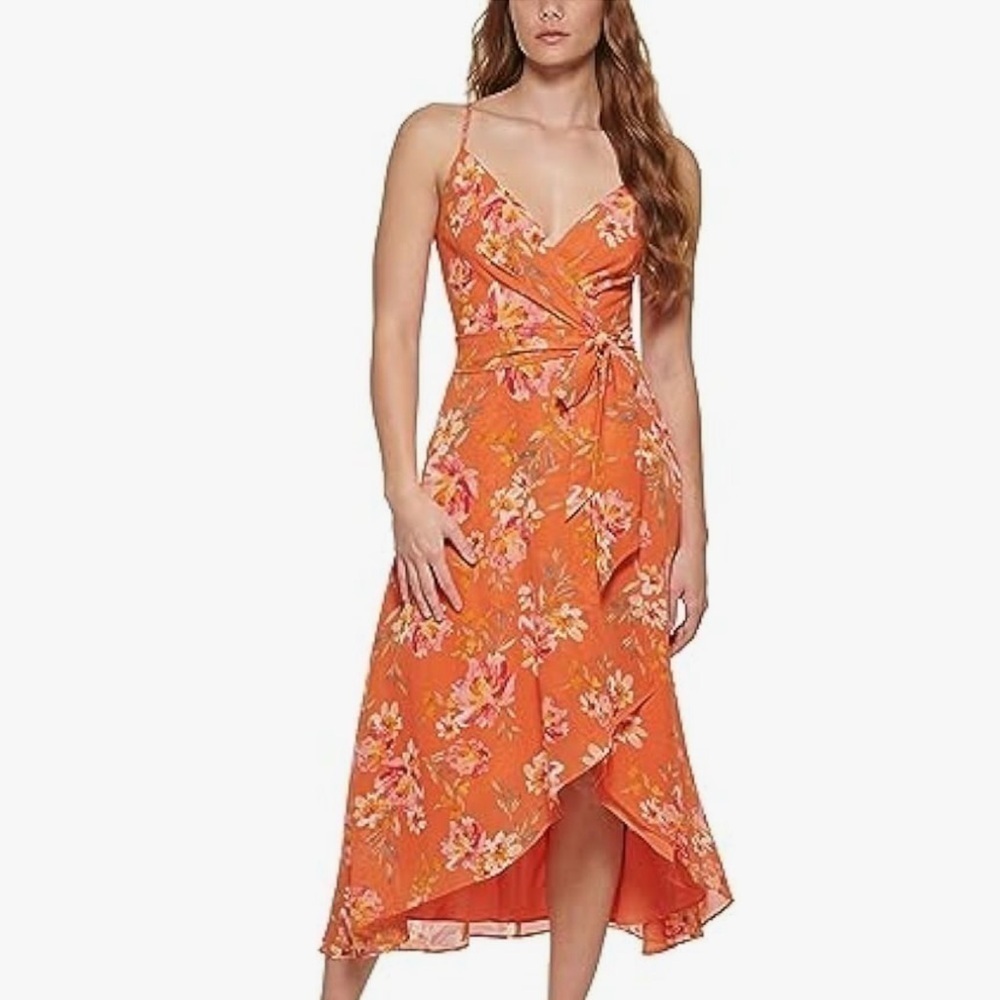 VINCE CAMUTO NWT Womens Belted Surplice tulip style high/low hemline midi dress - Picture 3 of 10